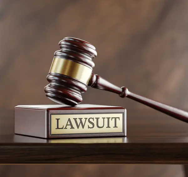 Judge's-hammer-and-a-wooden-block-with-the-word-lawsuit-written-on-it